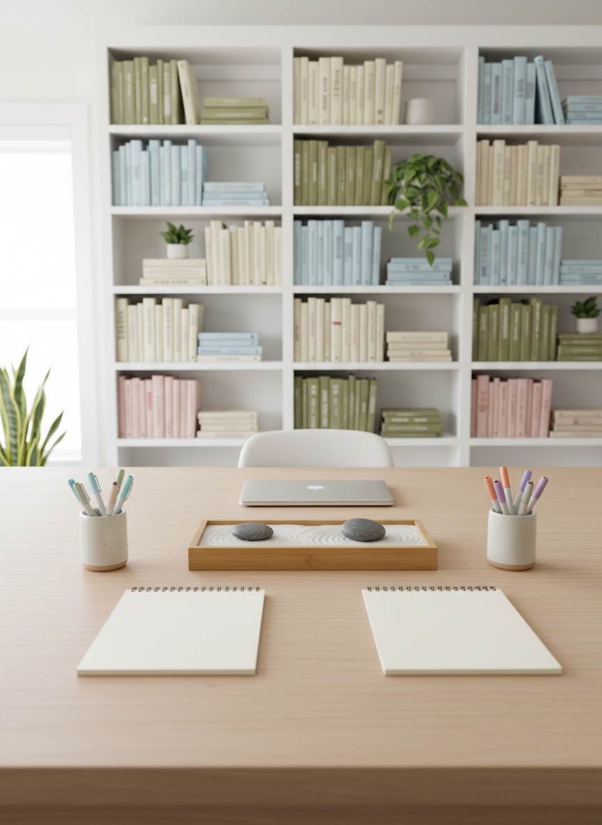 A spacious, uncluttered home office setup representing a professional family mediation space, with a light wooden desk holding two neatly aligned notepads, color-coded pens, and a closed laptop. Between the notepads sits a small sand garden with two smooth river stones, symbolizing balance. In the background, tall white bookshelves display neatly arranged psychology and parenting books in soft, neutral spines, along with a few potted plants. Diffused daylight from a large side window bathes the scene in a calm, even glow. Photographic realism with a centered, eye-level composition and moderate depth of field, conveying clarity, structure, and a reassuring, professional atmosphere for parents seeking guidance.